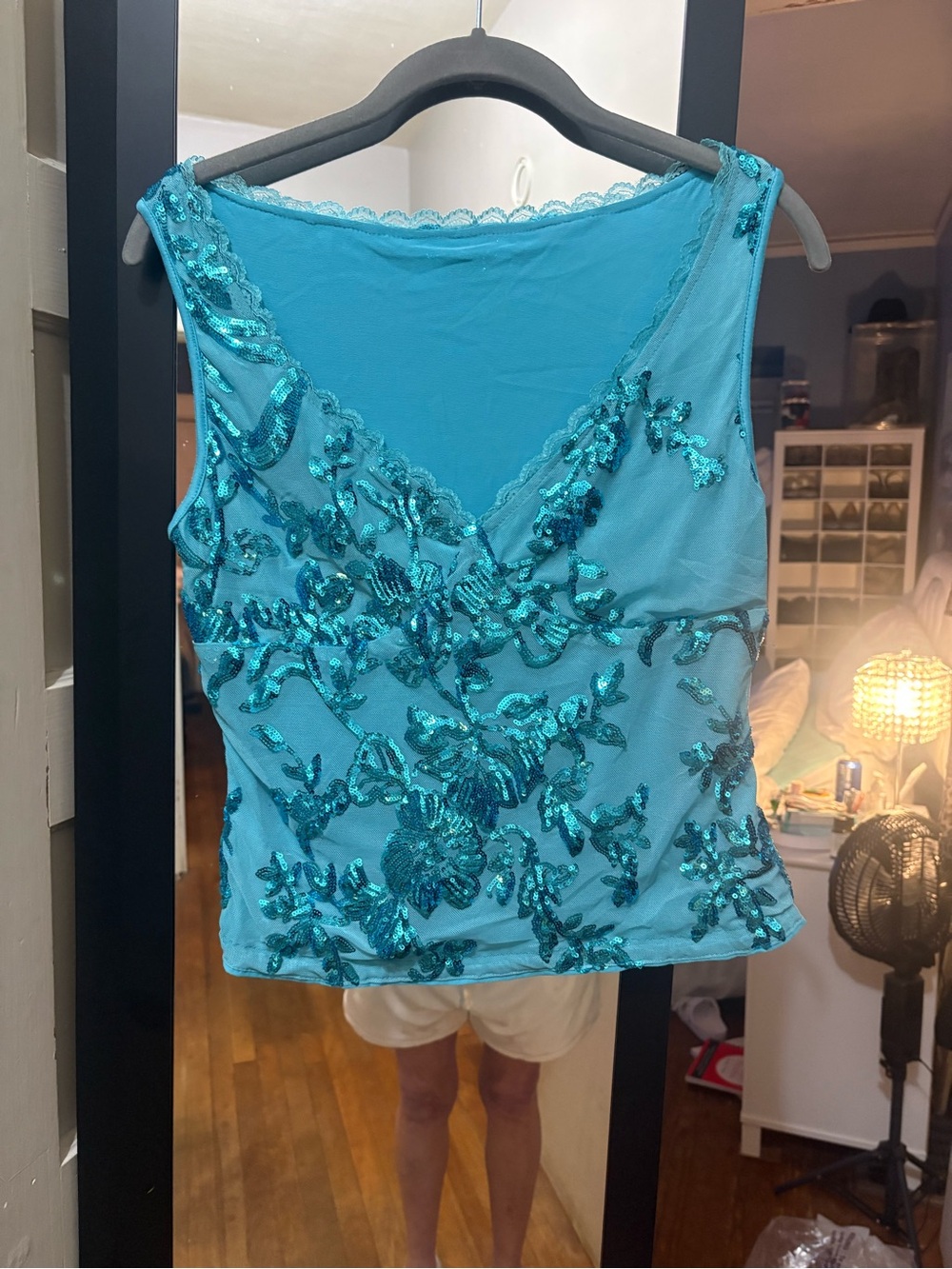 Embellished Teal Lace Appliqué Sleeveless Top